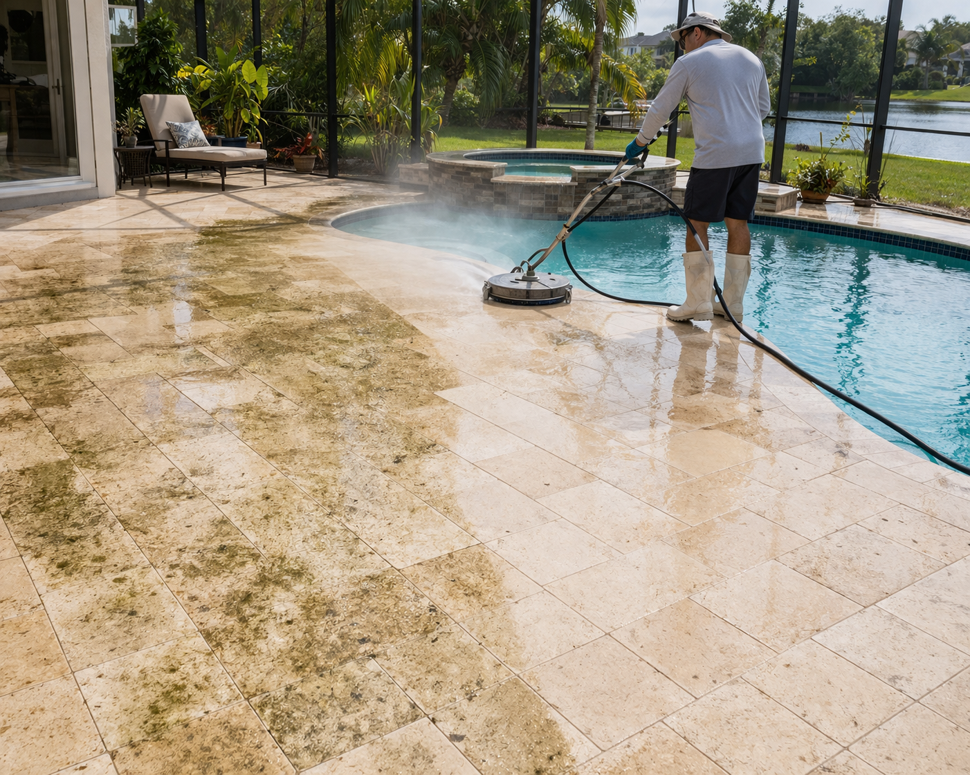 Professional pool deck cleaning in West Melbourne, FL removing algae and organic buildup from a natural stone patio.