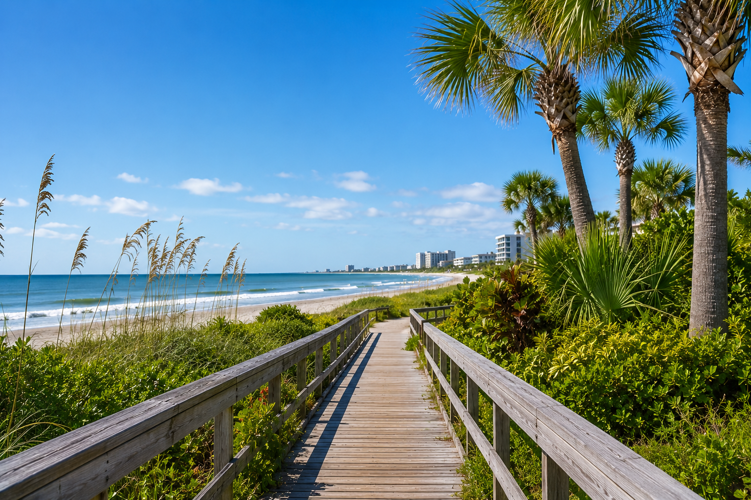 Cocoa Beach, Florida oceanfront boardwalk with tropical landscaping, palm trees, sandy beaches, and Atlantic Ocean views.