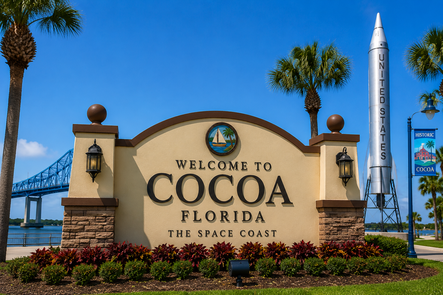 Historic Cocoa, Florida waterfront landmark with river views, palm trees, Space Coast atmosphere, and downtown character.