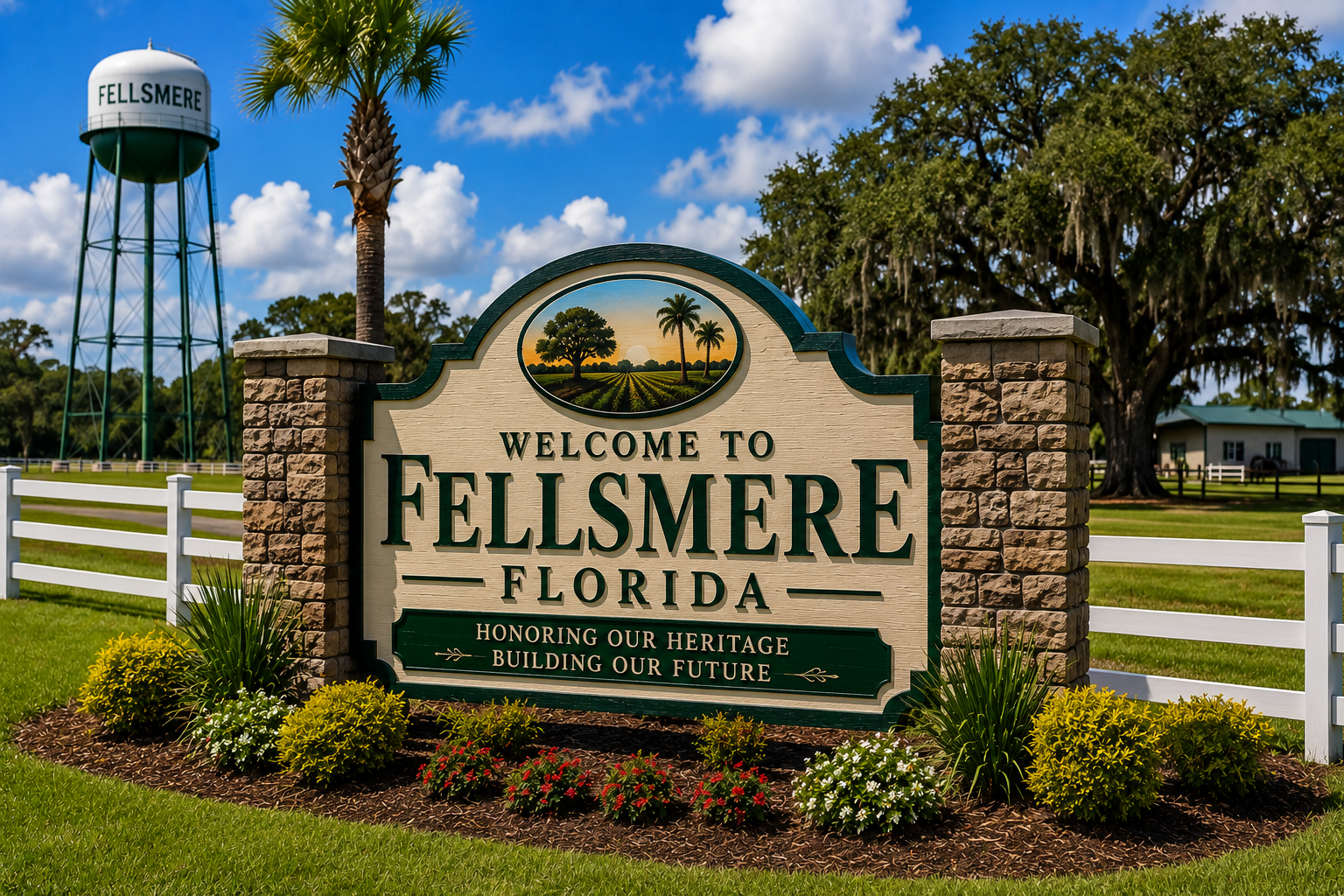 Fellsmere, Florida rural landscape featuring agricultural property, fencing, palm trees, and countryside scenery.