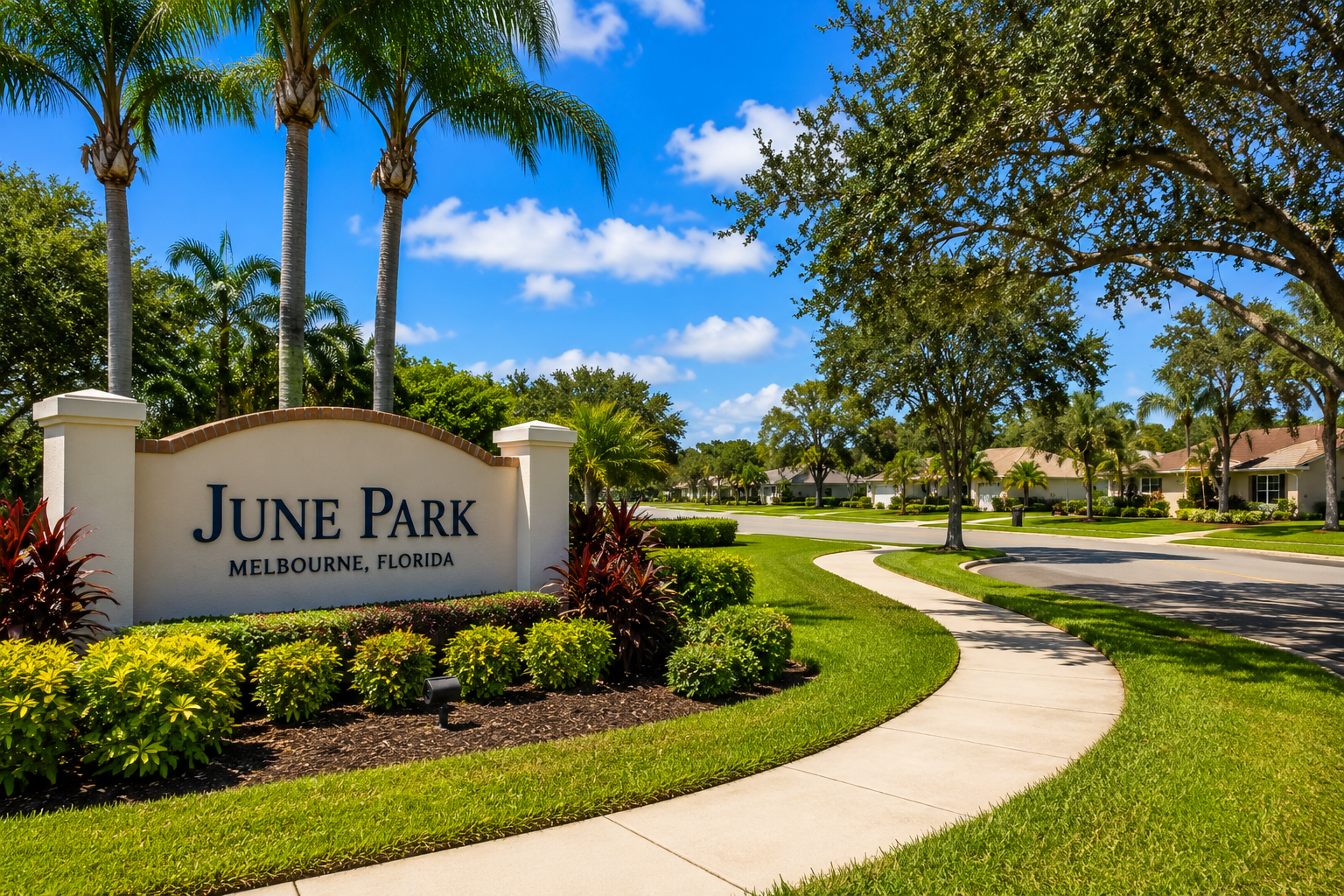 Beautiful residential neighborhood in June Park, Florida with tropical landscaping, mature trees, sidewalks, and well-maintained homes.