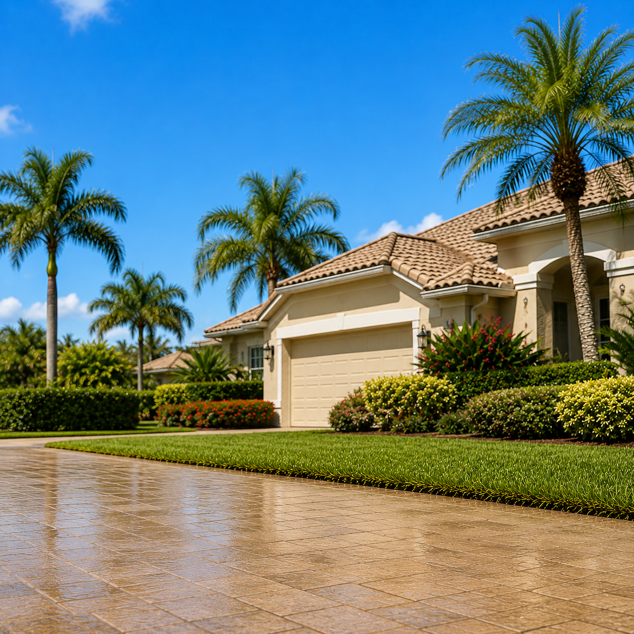 Clean Melbourne, FL home with professionally washed driveway, tropical landscaping, and pristine exterior surfaces.