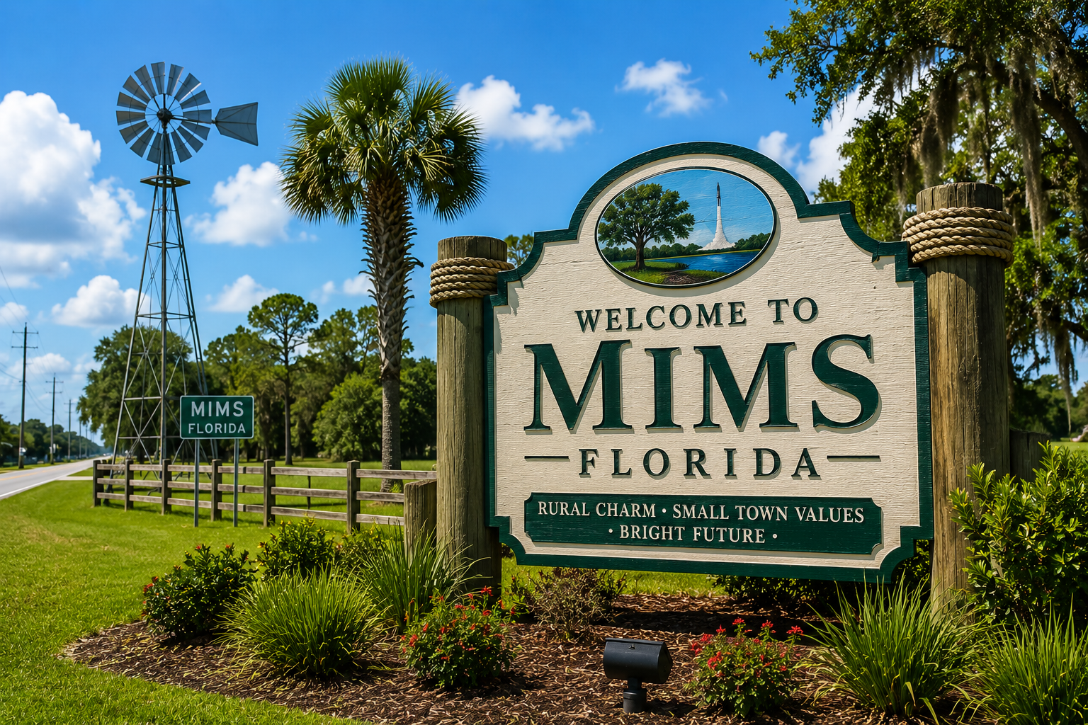 Rural Mims, Florida landscape with open green spaces, palm trees, fencing, and countryside scenery in North Brevard County.