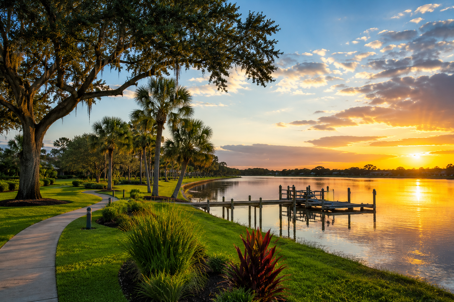 Waterfront community in Port St. John, Florida with palm trees, walking path, dock, and scenic river views at sunset.
