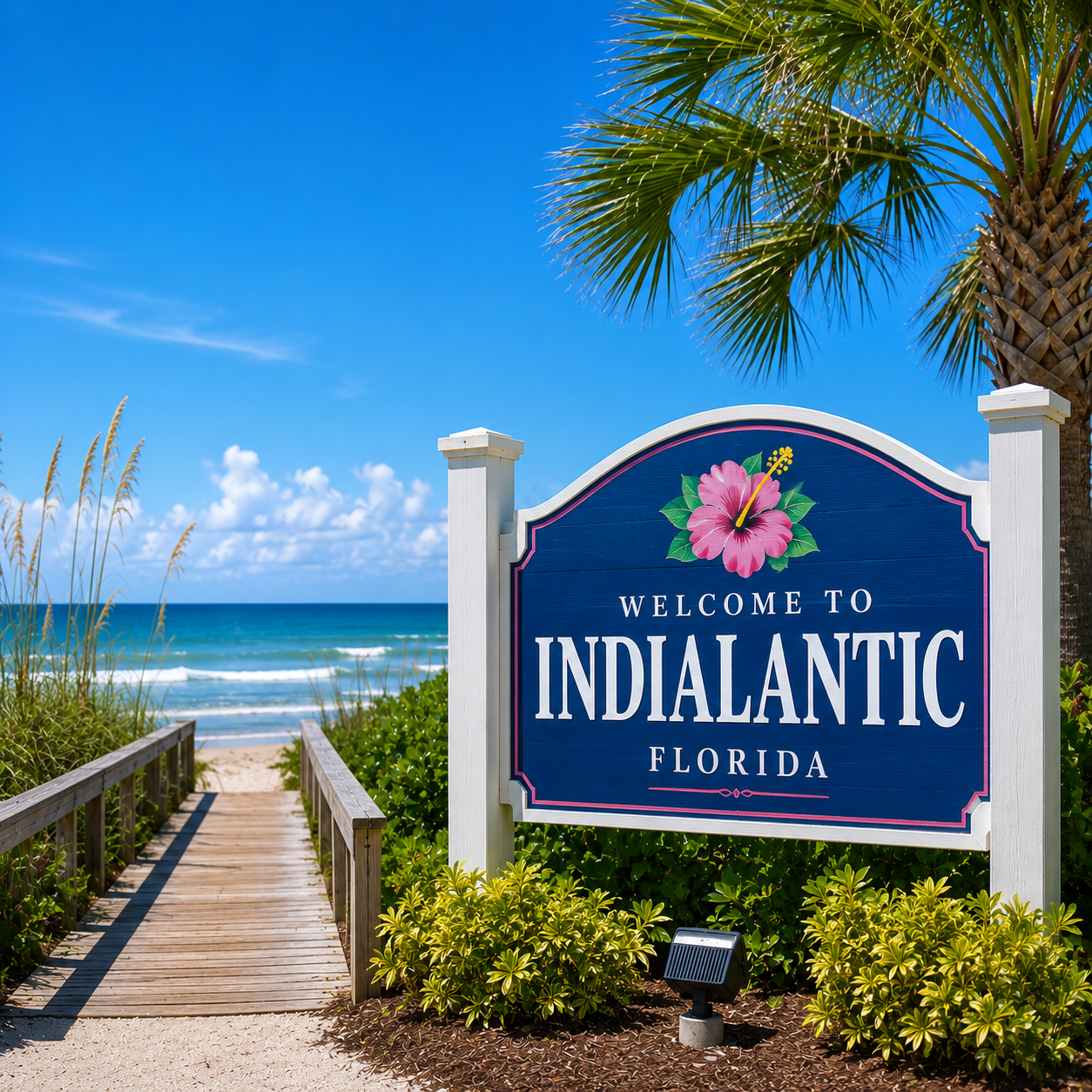Indialantic, Florida beach access with ocean views, tropical landscaping, and beautiful coastal scenery on the Space Coast.
