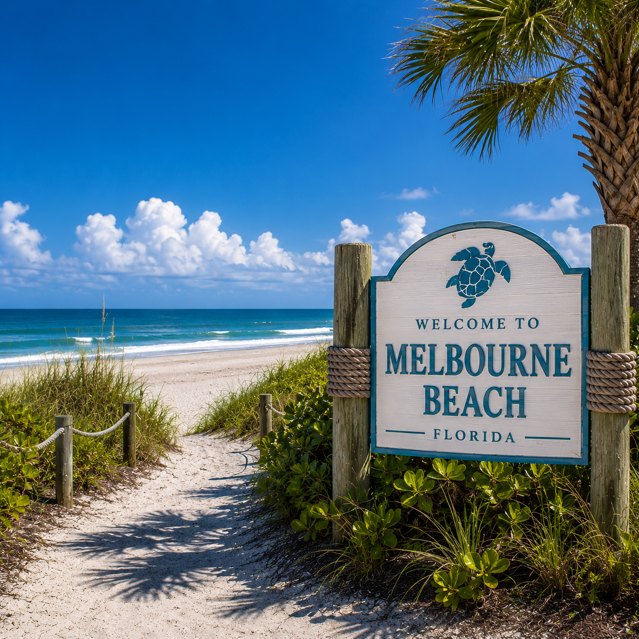 Melbourne Beach, Florida coastline with beach access, ocean views, tropical landscaping, and coastal community atmosphere.