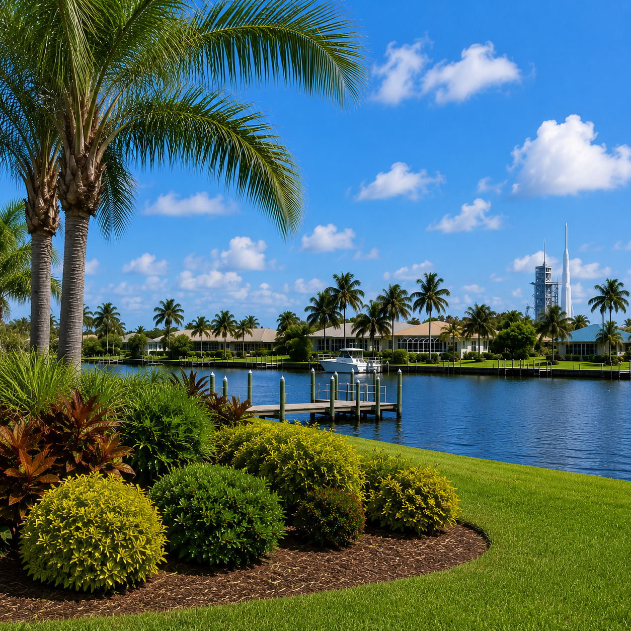 Scenic Merritt Island, Florida waterfront with tropical landscaping, palm trees, and beautiful Space Coast views.