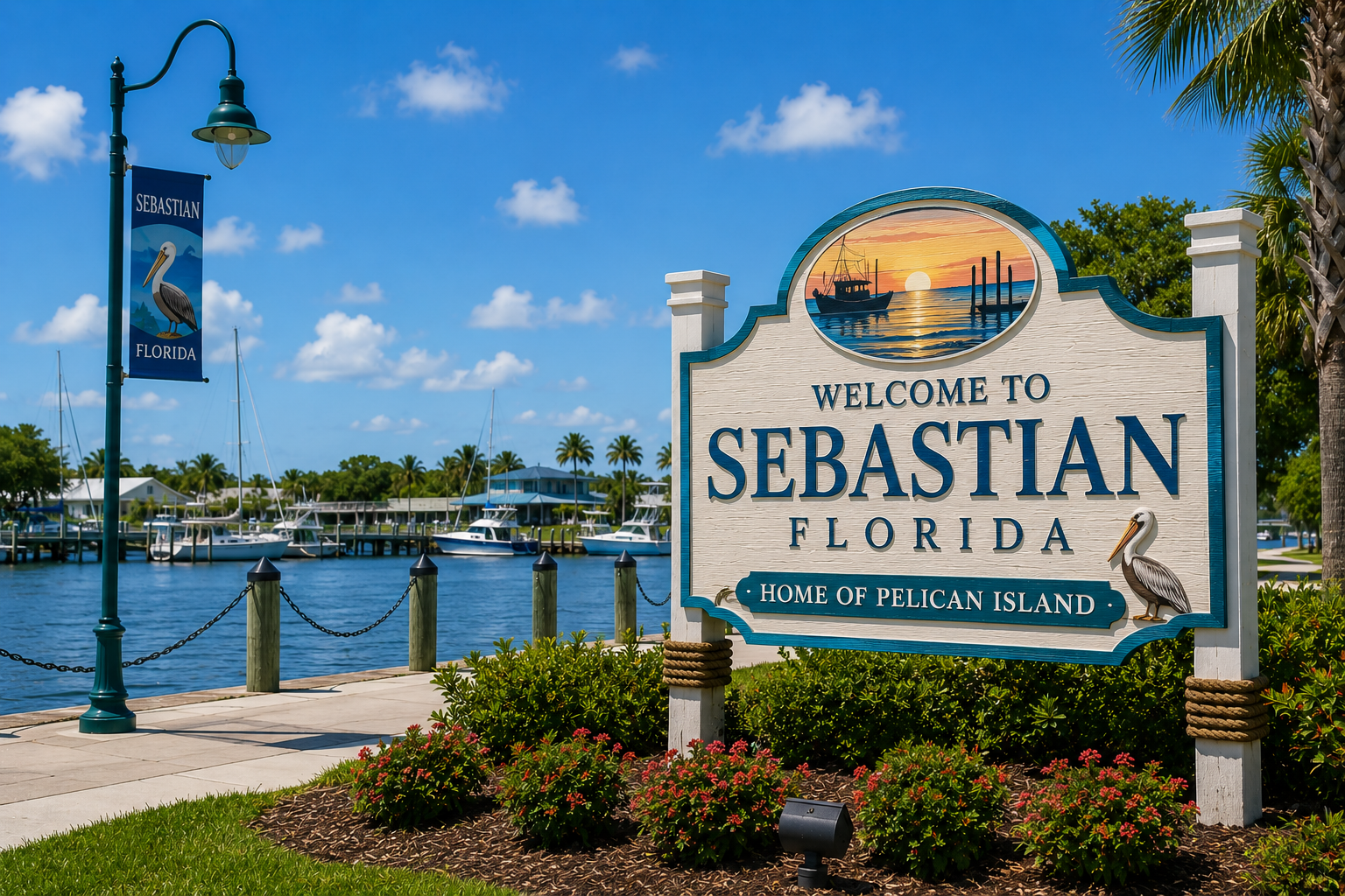 Sebastian, Florida waterfront with tropical landscaping, palm trees, coastal scenery, and Indian River Lagoon views.