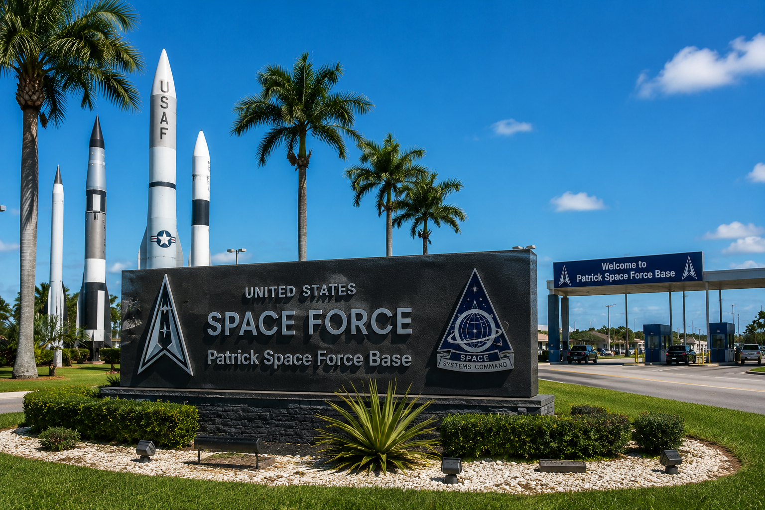 Patrick Space Force Base entrance on Florida's Space Coast with military monuments, palm trees, and base entrance signage.