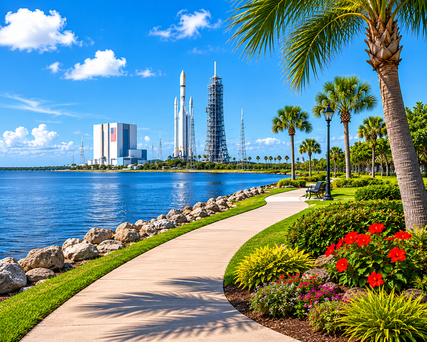 Titusville, Florida waterfront with tropical landscaping, river views, and Kennedy Space Center launch facilities in the distance.